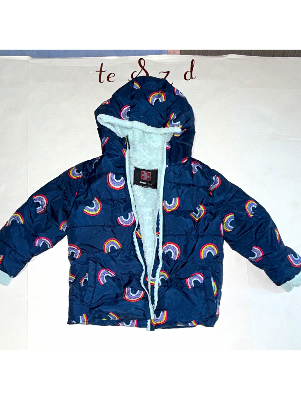 Swiss+Tech 4T Blue Rainbow Hooded Puffer Jacket Sherpa Lined Full Zip Pockets